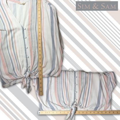 Sim & Sam Size L Striped Rayon Tie Front Button Down Dolman Sleeve V-Neck Blouse