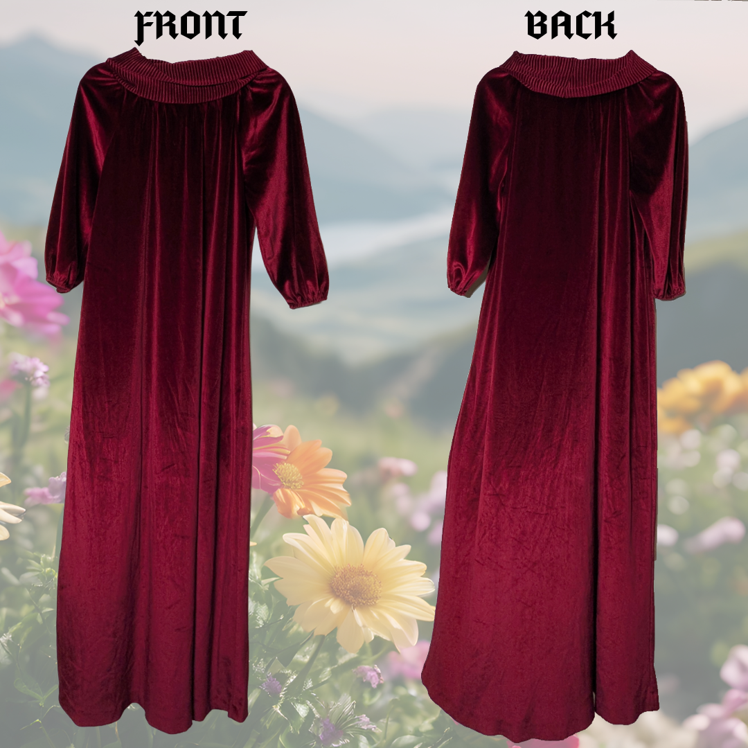 Vintage 70s Wildcrest Burgundy Velvet Floor Length Cowl Neck Dress