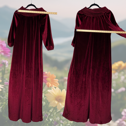 Vintage 70s Wildcrest Burgundy Velvet Floor Length Cowl Neck Dress