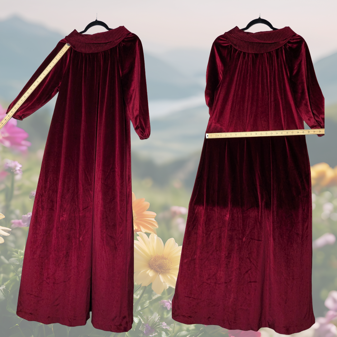 Vintage 70s Wildcrest Burgundy Velvet Floor Length Cowl Neck Dress