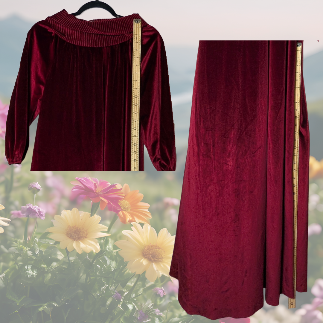 Vintage 70s Wildcrest Burgundy Velvet Floor Length Cowl Neck Dress