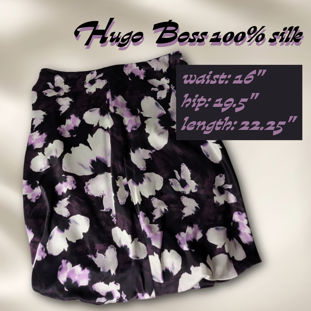 Hugo Boss Size 8 100% Silk Floral Bubble Hem Skirt
