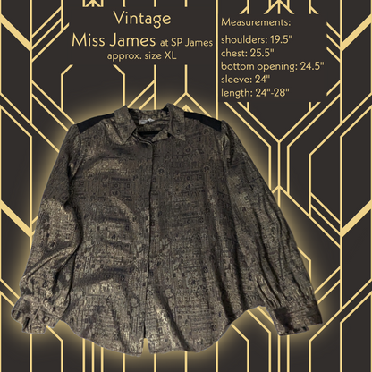 Vintage XL 80s Miss James at SP James Metallic Bronze/Black Button-Down Shirt