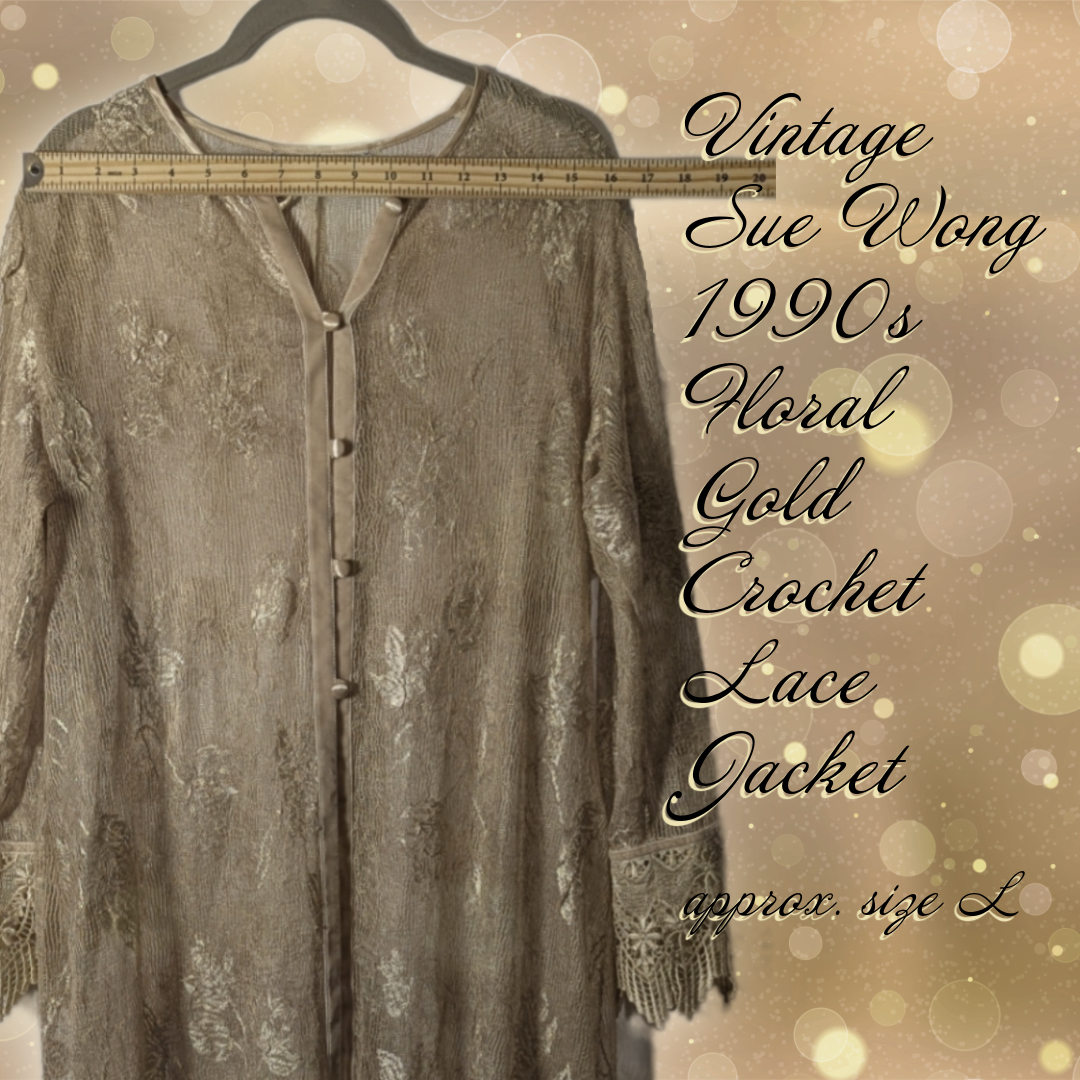 Vintage 90s Sue Wong Nocturne Gold Crochet Lace Jacket, Size L