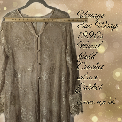 Vintage 90s Sue Wong Nocturne Gold Crochet Lace Jacket, Size L