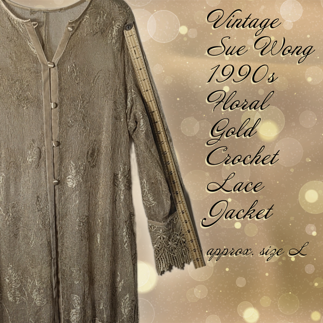 Vintage 90s Sue Wong Nocturne Gold Crochet Lace Jacket, Size L