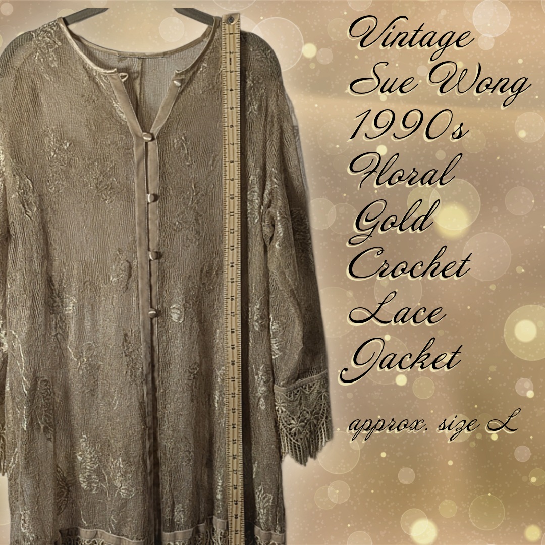 Vintage 90s Sue Wong Nocturne Gold Crochet Lace Jacket, Size L