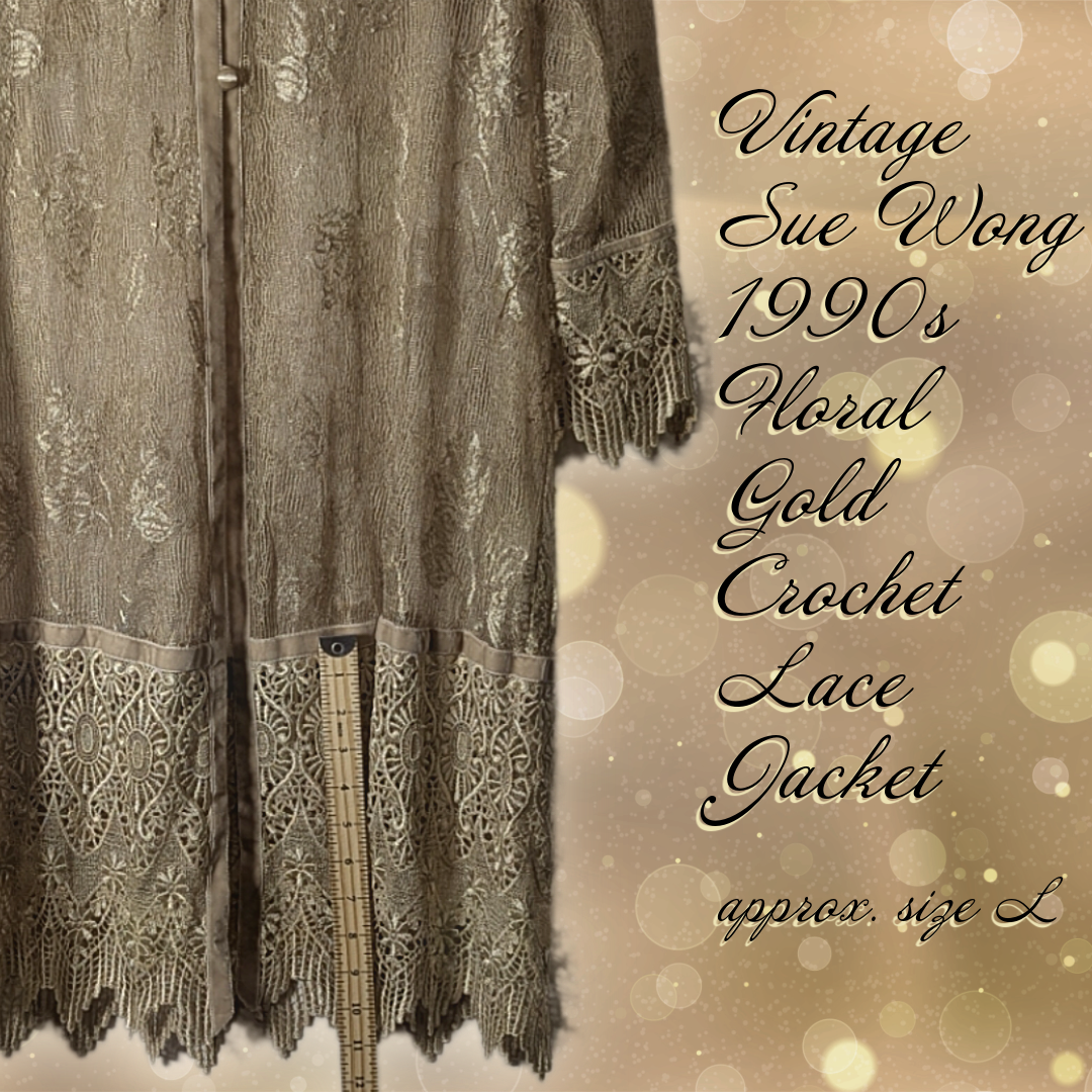 Vintage 90s Sue Wong Nocturne Gold Crochet Lace Jacket, Size L