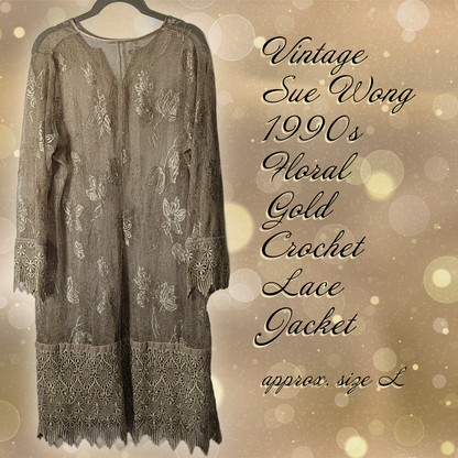 Vintage 90s Sue Wong Nocturne Gold Crochet Lace Jacket, Size L