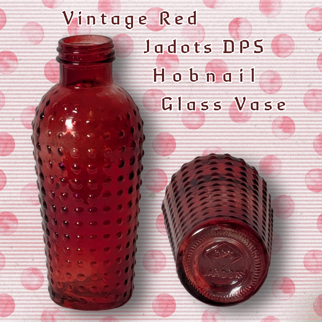 Vintage Red Hobnail Glass Vase, "JADOTS DPS" Mark, Mid-Century Modern, 8" Tall
