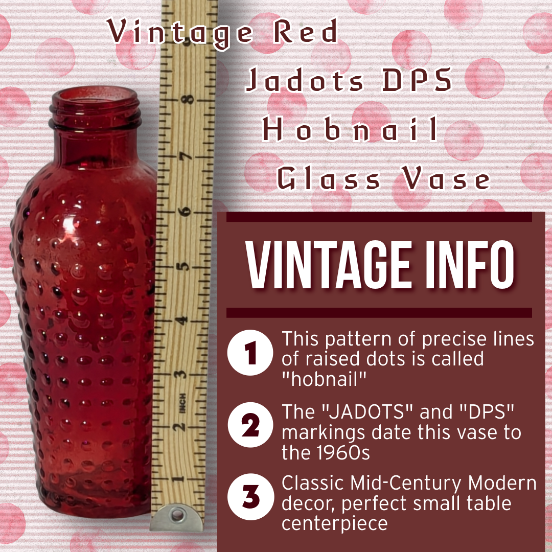 Vintage Red Hobnail Glass Vase, "JADOTS DPS" Mark, Mid-Century Modern, 8" Tall