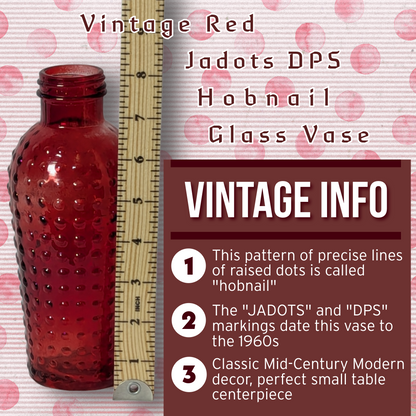 Vintage Red Hobnail Glass Vase, "JADOTS DPS" Mark, Mid-Century Modern, 8" Tall