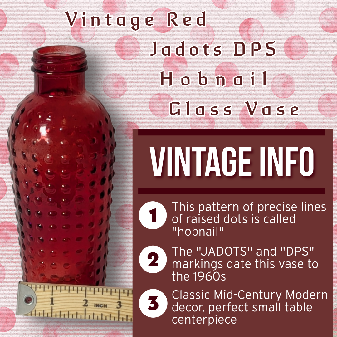 Vintage Red Hobnail Glass Vase, "JADOTS DPS" Mark, Mid-Century Modern, 8" Tall