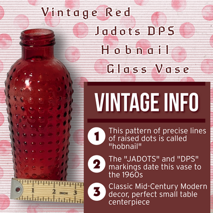 Vintage Red Hobnail Glass Vase, "JADOTS DPS" Mark, Mid-Century Modern, 8" Tall