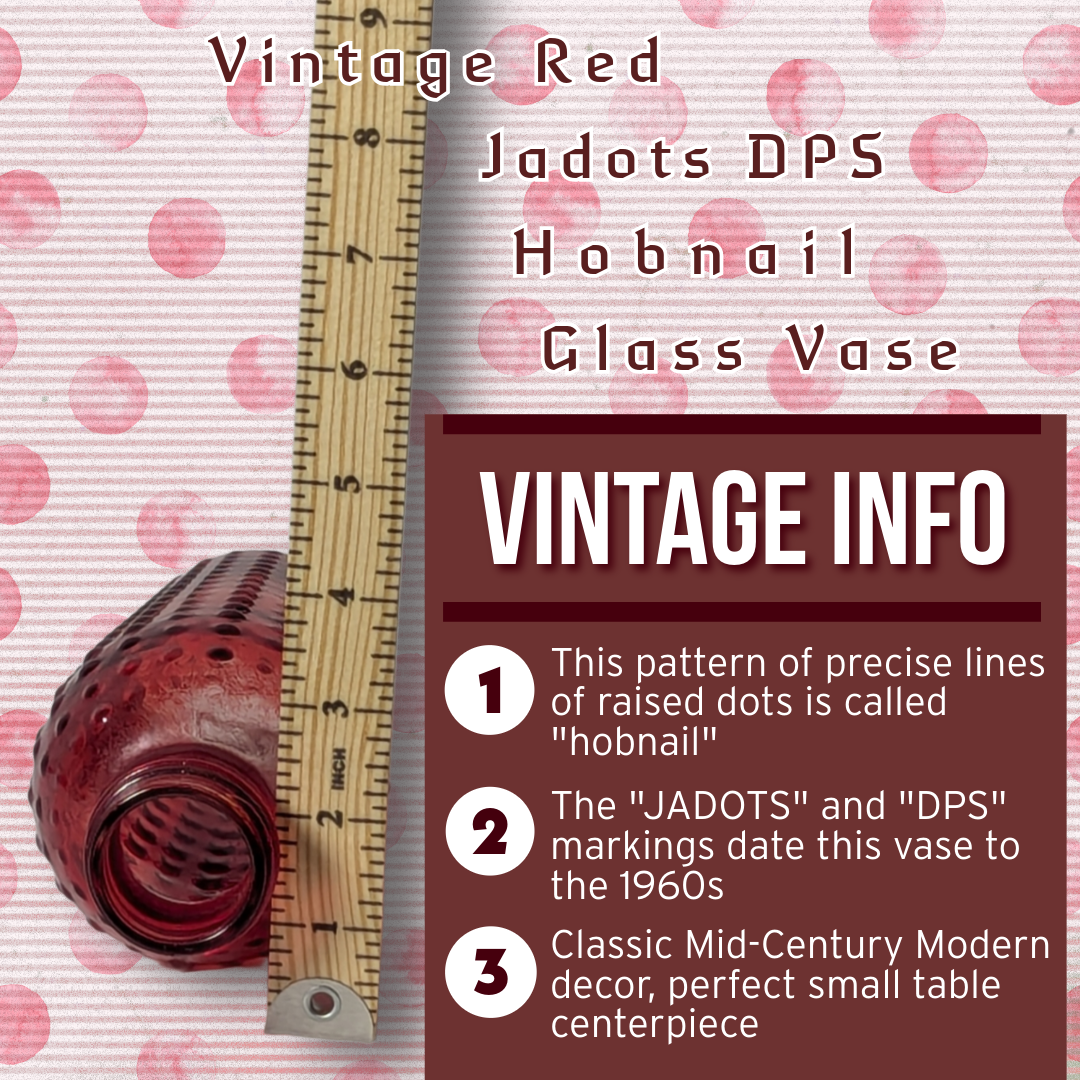 Vintage Red Hobnail Glass Vase, "JADOTS DPS" Mark, Mid-Century Modern, 8" Tall