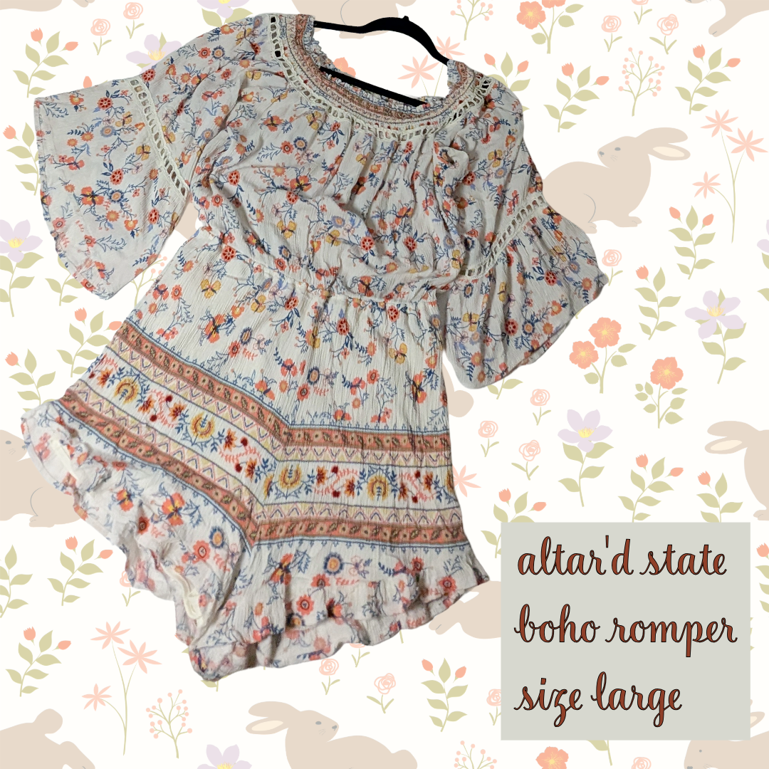 Altar'd State Boho Romper, Floral Print, On or Off Shoulder, Size Large