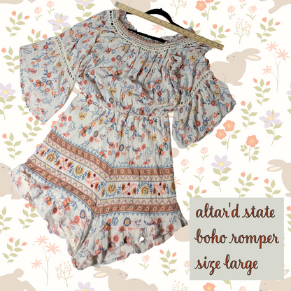 Altar'd State Boho Romper, Floral Print, On or Off Shoulder, Size Large