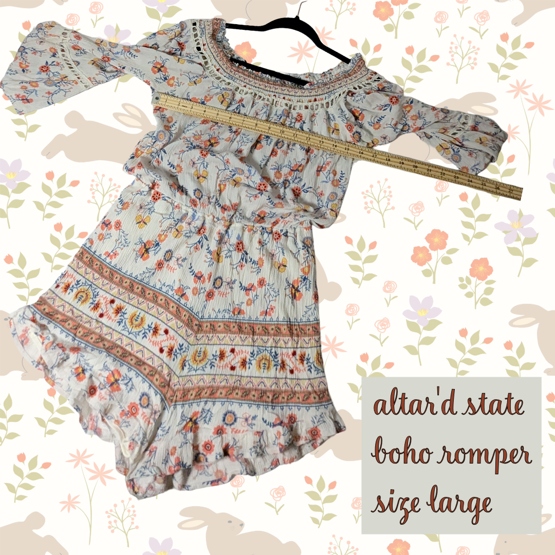 Altar'd State Boho Romper, Floral Print, On or Off Shoulder, Size Large