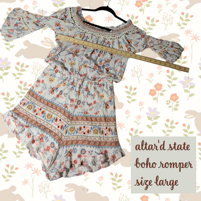 Altar'd State Boho Romper, Floral Print, On or Off Shoulder, Size Large