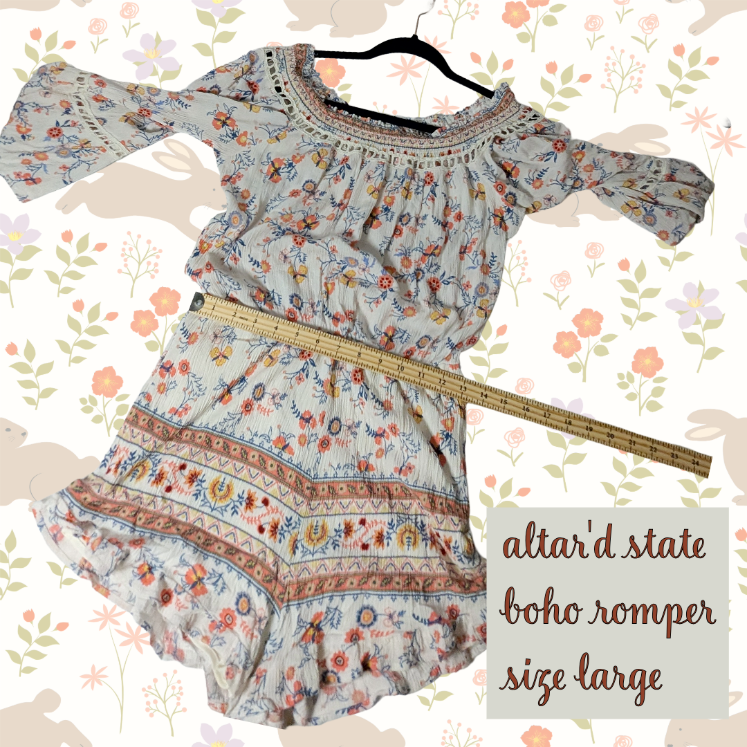 Altar'd State Boho Romper, Floral Print, On or Off Shoulder, Size Large