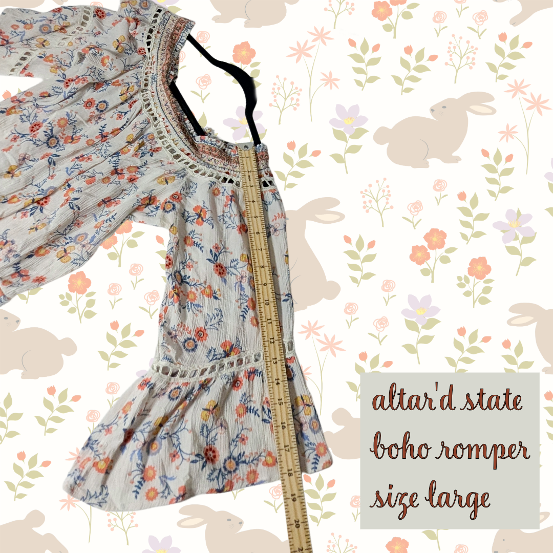 Altar'd State Boho Romper, Floral Print, On or Off Shoulder, Size Large