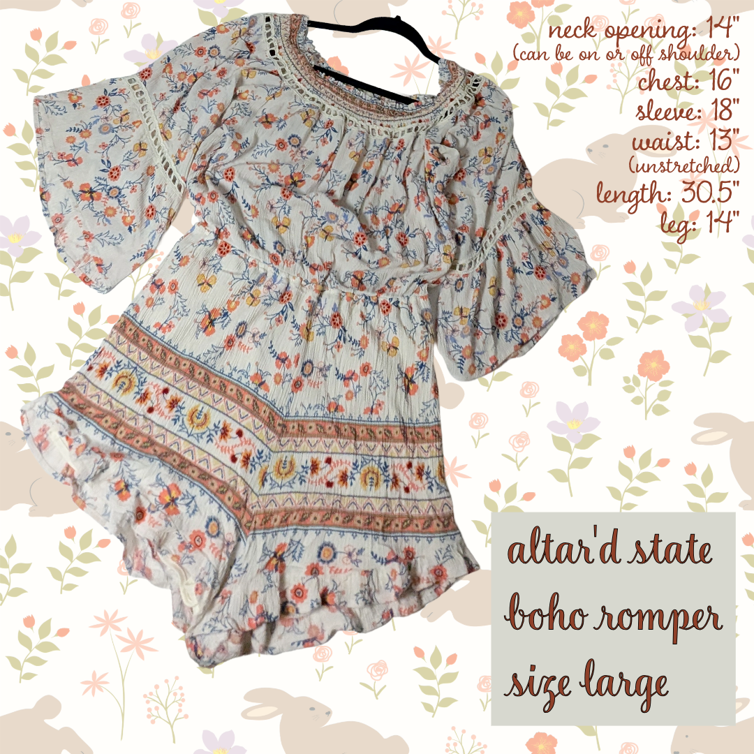 Altar'd State Boho Romper, Floral Print, On or Off Shoulder, Size Large
