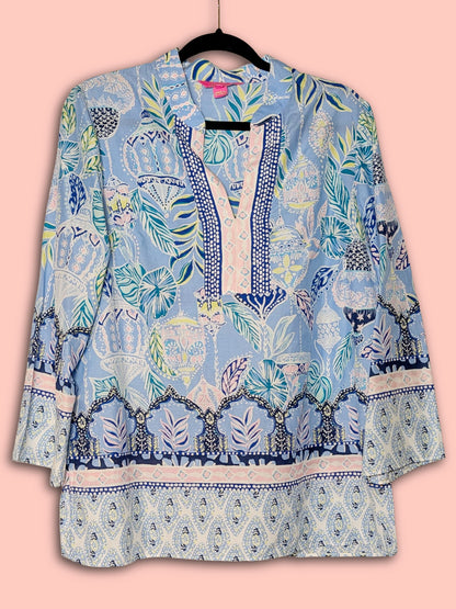 Lilly Pulitzer Marilina Tunic Top M Blue Peri Lapis Lanterns pattern