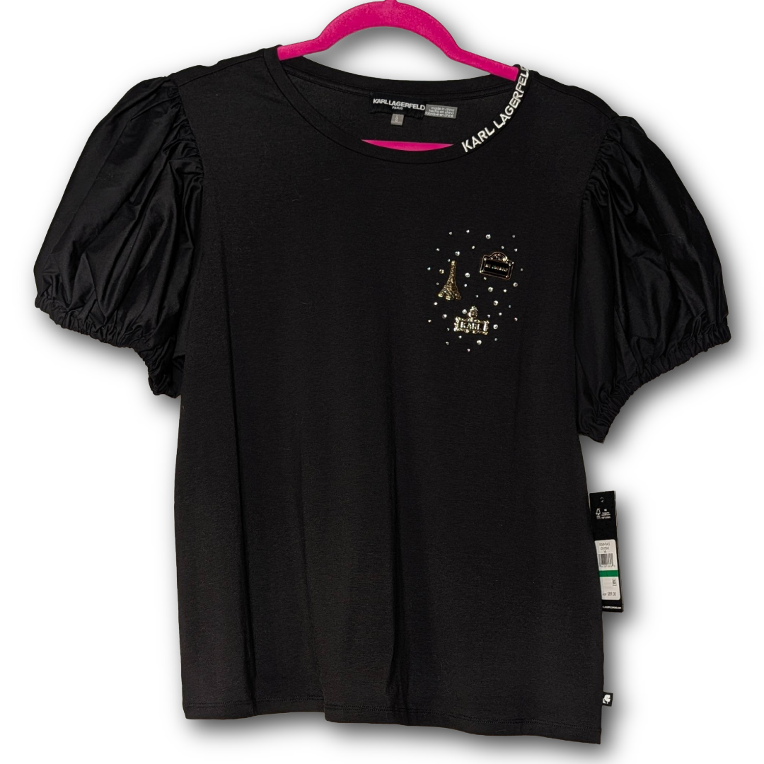 NWT Karl Lagerfeld Paris Black Puff Sleeve Tee Top w/ Metal Charm Detail Size L