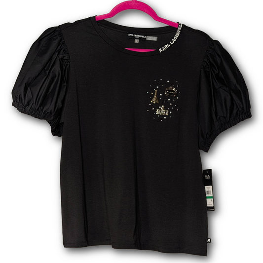 NWT Karl Lagerfeld Paris Black Puff Sleeve Tee Top w/ Metal Charm Detail Size L