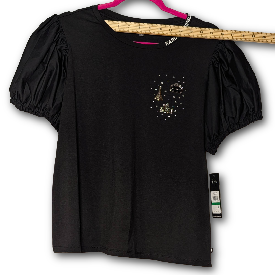 NWT Karl Lagerfeld Paris Black Puff Sleeve Tee Top w/ Metal Charm Detail Size L