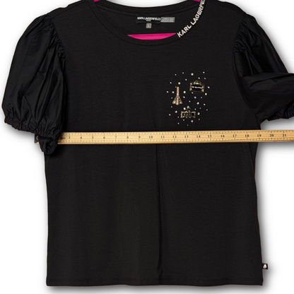 NWT Karl Lagerfeld Paris Black Puff Sleeve Tee Top w/ Metal Charm Detail Size L