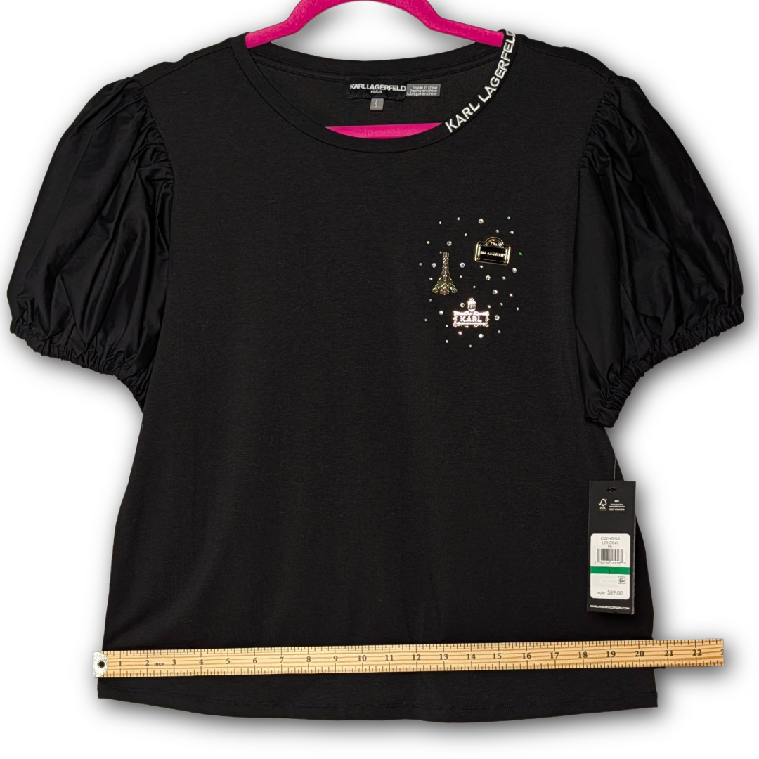 NWT Karl Lagerfeld Paris Black Puff Sleeve Tee Top w/ Metal Charm Detail Size L