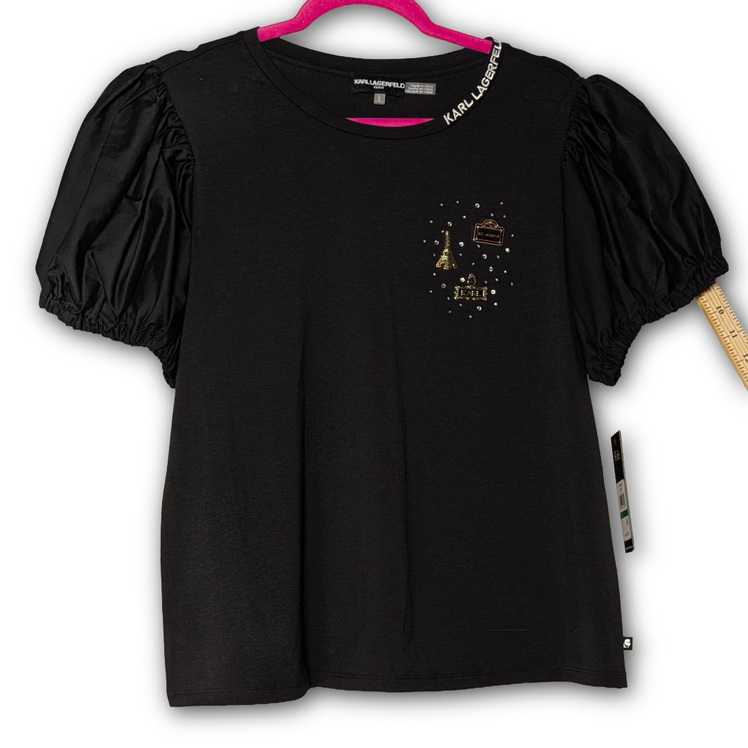 NWT Karl Lagerfeld Paris Black Puff Sleeve Tee Top w/ Metal Charm Detail Size L
