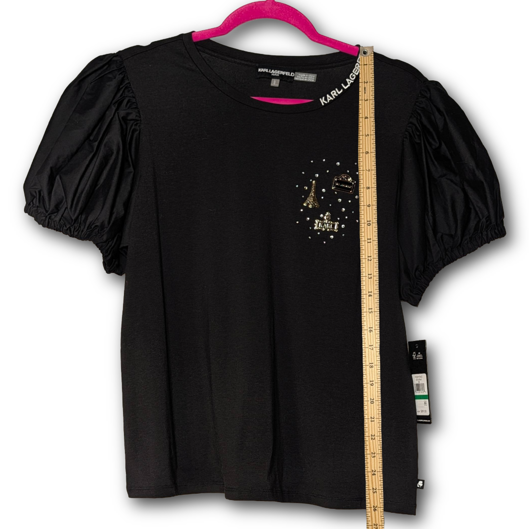 NWT Karl Lagerfeld Paris Black Puff Sleeve Tee Top w/ Metal Charm Detail Size L