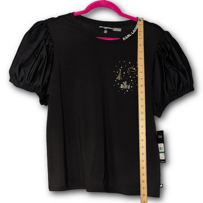 NWT Karl Lagerfeld Paris Black Puff Sleeve Tee Top w/ Metal Charm Detail Size L