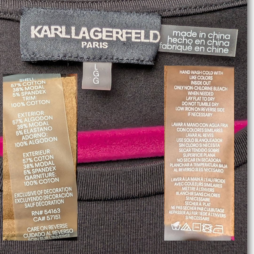 NWT Karl Lagerfeld Paris Black Puff Sleeve Tee Top w/ Metal Charm Detail Size L