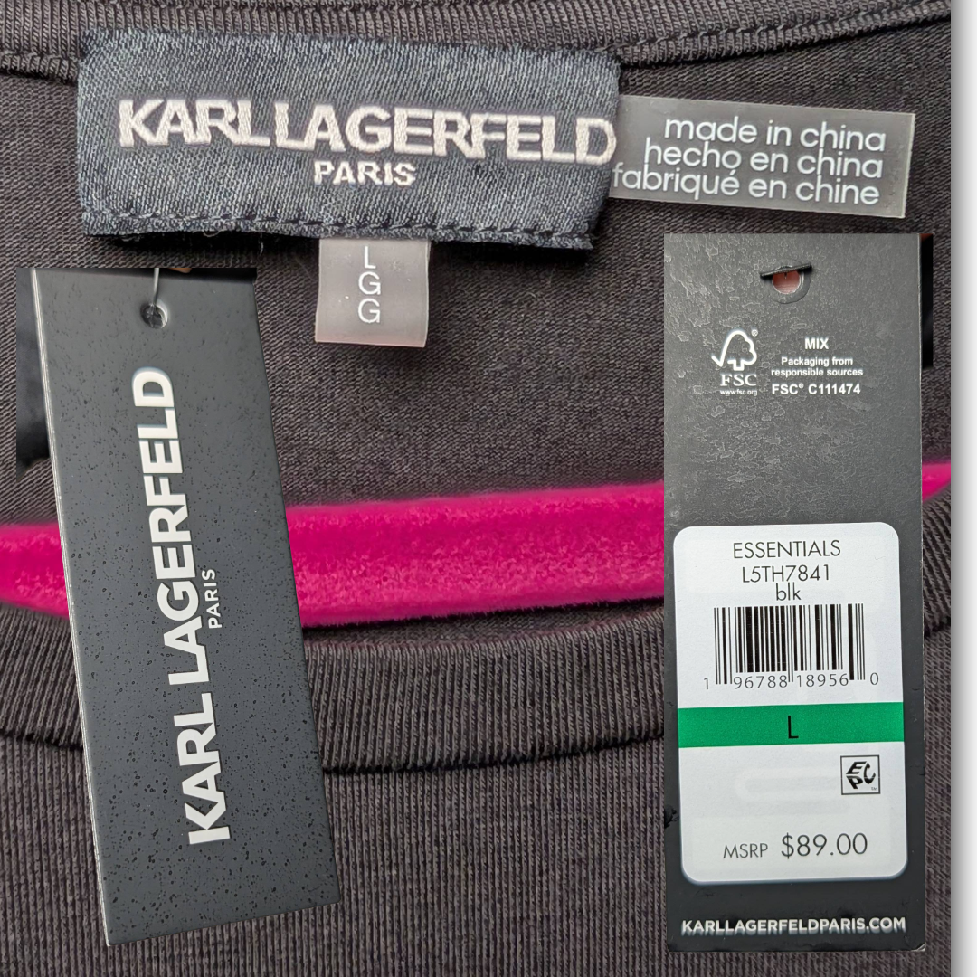 NWT Karl Lagerfeld Paris Black Puff Sleeve Tee Top w/ Metal Charm Detail Size L