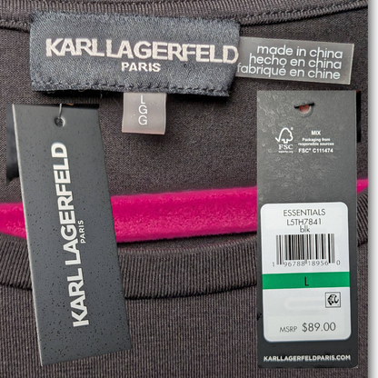 NWT Karl Lagerfeld Paris Black Puff Sleeve Tee Top w/ Metal Charm Detail Size L