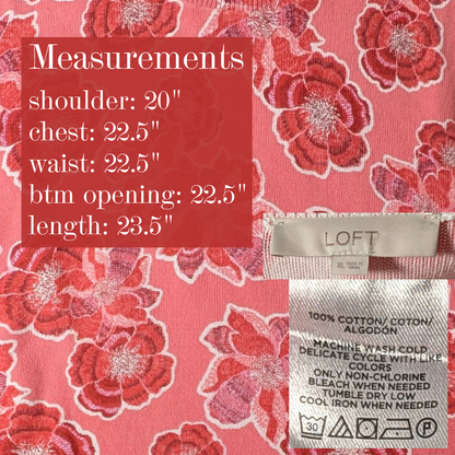 LOFT Women's XL Extra Large Pink Red Floral Sleeveless Pullover 100% Cotton Top