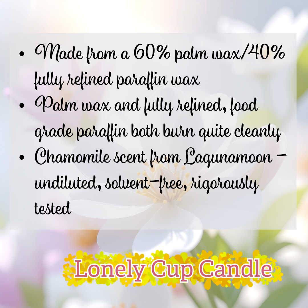 Product label for a candle with text about wax composition and scent, featuring the brand 'Lonely Cup Candle'.