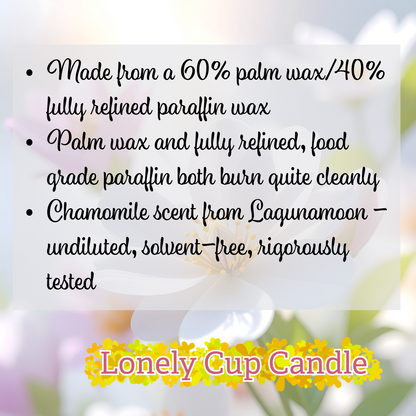 Product label for a candle with text about wax composition and scent, featuring the brand 'Lonely Cup Candle'.