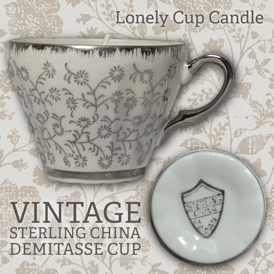 Coconut Lonely Cup Candle: Vintage Sterling China Porcelain Demitasse Cup with Hand-Poured Candle