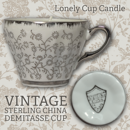 Coconut Lonely Cup Candle: Vintage Sterling China Porcelain Demitasse Cup with Hand-Poured Candle