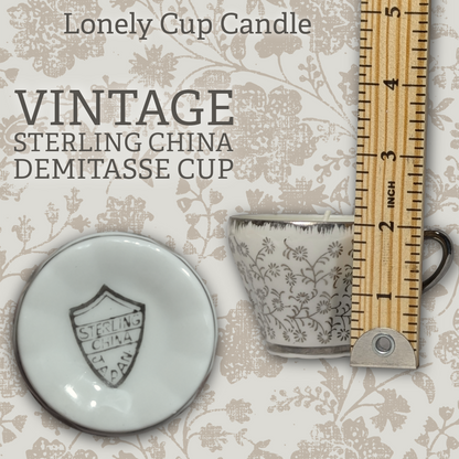 Coconut Lonely Cup Candle: Vintage Sterling China Porcelain Demitasse Cup with Hand-Poured Candle