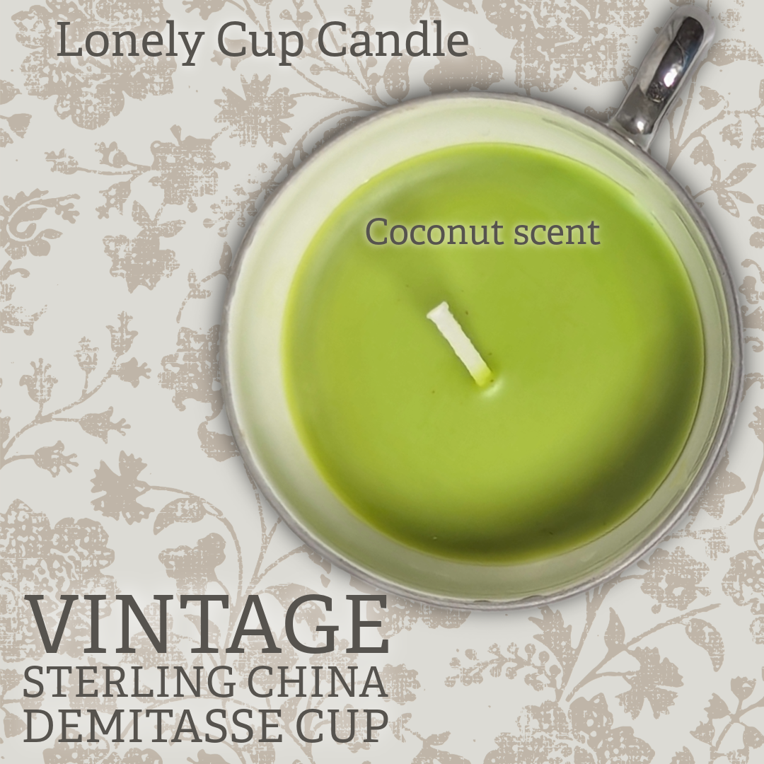Coconut Lonely Cup Candle: Vintage Sterling China Porcelain Demitasse Cup with Hand-Poured Candle