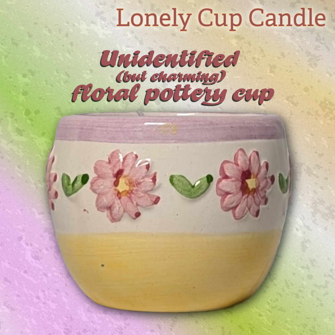 Lavender Lonely Cup Candle: Unmarked Floral Pottery Cup with Hand-Poured Candle