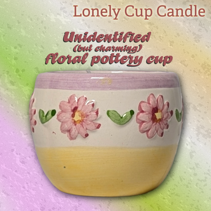 Lavender Lonely Cup Candle: Unmarked Floral Pottery Cup with Hand-Poured Candle