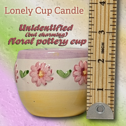 Lavender Lonely Cup Candle: Unmarked Floral Pottery Cup with Hand-Poured Candle