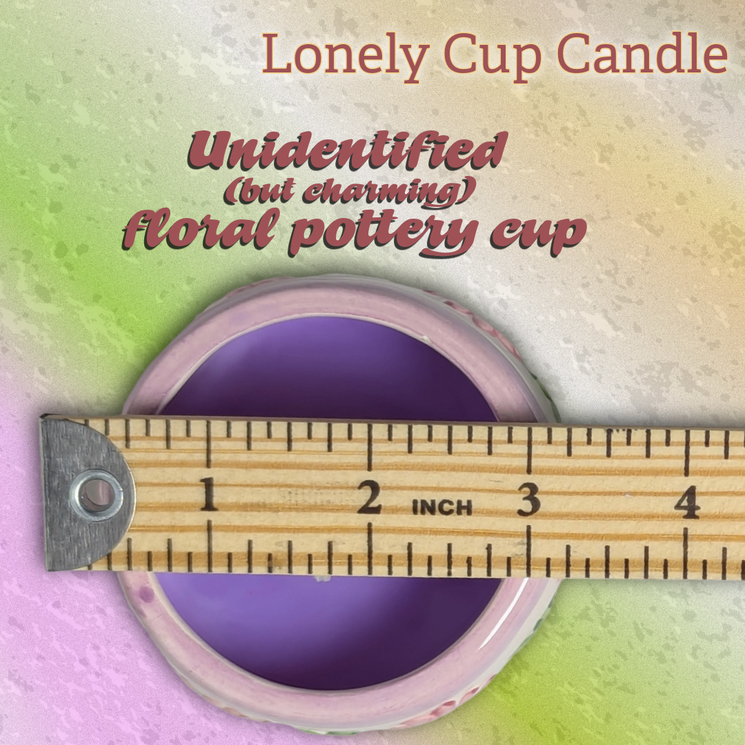 Lavender Lonely Cup Candle: Unmarked Floral Pottery Cup with Hand-Poured Candle