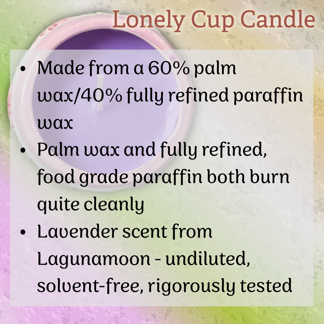 Lavender Lonely Cup Candle: Unmarked Floral Pottery Cup with Hand-Poured Candle